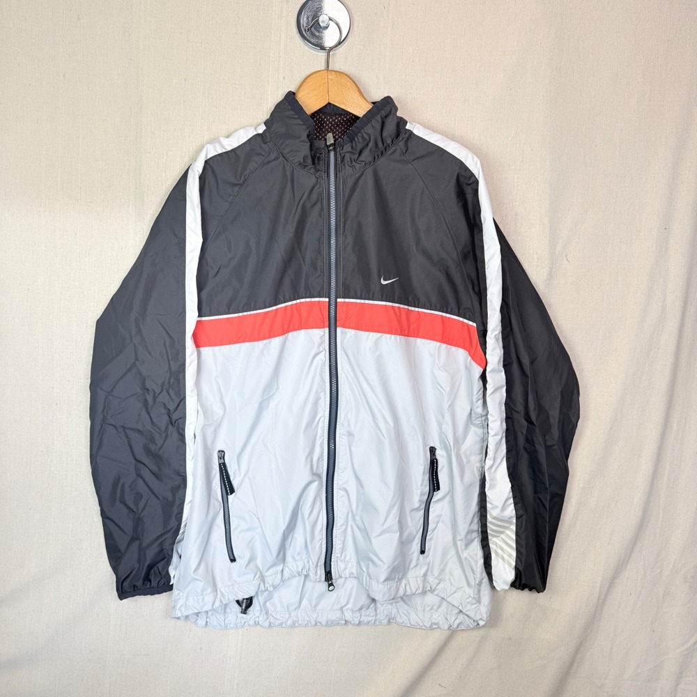 Nike Running Windbreaker Jacket Mens Large Black White Red Full Zip Mesh Lined